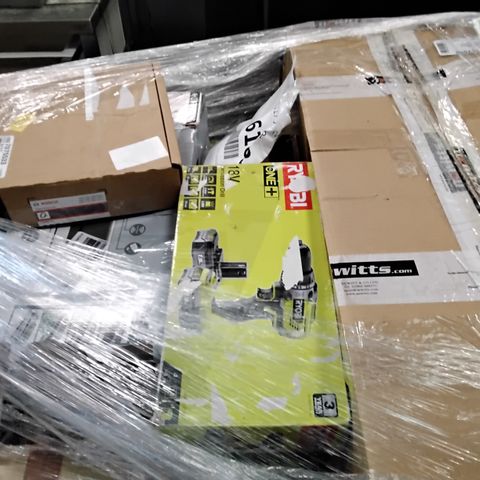 PALLET OF APPROXIMATELY 35 ASSORTED ITEMS TO INCLUDE A LEITZ TOUCH 2 LAMINATOR A3,  RYOBI 18V PERCUSSION DRILL AND A BOSCH LAWNMOWER
