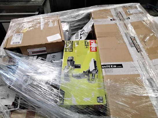 PALLET OF APPROXIMATELY 35 ASSORTED ITEMS TO INCLUDE A LEITZ TOUCH 2 LAMINATOR A3,  RYOBI 18V PERCUSSION DRILL AND A BOSCH LAWNMOWER
