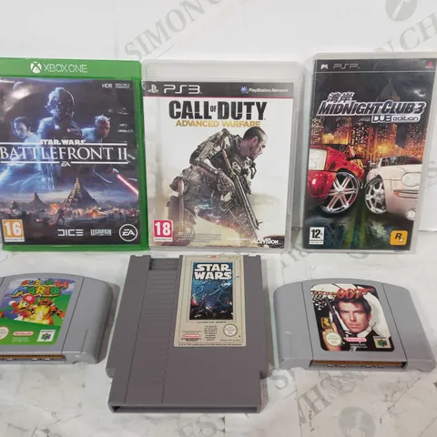 LOT OF APPROXIMATELY 5 ASSORTED VIDEO GAMES FOR VARIOUS PLATFORMS TO INCLUDE SUPER MARIO 64 (N64), STAR WARS BATTLEFRONT II (XBOX ONE), CALL OF DUTY ADVANCED WAREFARE (PS3), ETC