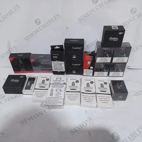 BOX TO CONTAIN APPROX. 20 X ASSORTED E-CIGARETTE ACCESSORY PRODUCTS, INCLUDES COIL, TANKS ETC. BRANDS INCLUDES GOBLIN MINI, KANGER TECH, SMOK, FREE MAX ETC 