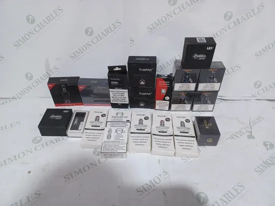 BOX TO CONTAIN APPROX. 20 X ASSORTED E-CIGARETTE ACCESSORY PRODUCTS, INCLUDES COIL, TANKS ETC. BRANDS INCLUDES GOBLIN MINI, KANGER TECH, SMOK, FREE MAX ETC 