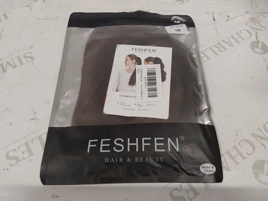 BOX CONTAINING APPROXIMATELY 100 FESHFEN DARK BROWN PONYTAIL EXTENSIONS