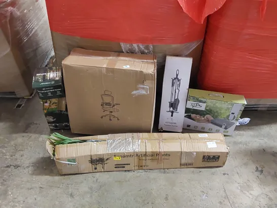 PALLET OF ASSORTED ITEMS INCLUDING: OFFICE CHAIR, ELECTRIC BLANKET, ARTIFICIAL PLANTS, FIREPLACE TOOL SET, BIRD FEEDER