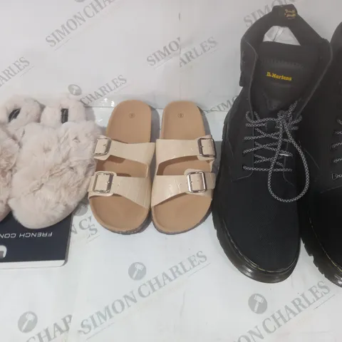 BOX OF APPROXIMATELY 15 ASSORTED PAIRS OF SHOES AND FOOTWEAR ITEMS IN VARIOUS STYLES AND SIZES TO INCLUDE DR MARTENS, FRENCH CONNECTION, ETC