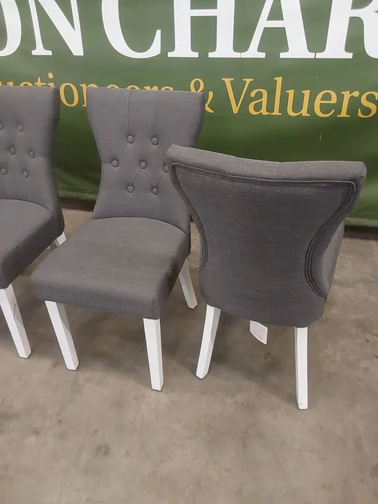 SET OF 4 BEWLEY SLATE GREY FABRIC BUTTON BACK DINING CHAIRS WITH WHITE LEGS 