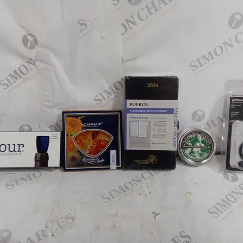 BOX OF APPROXIMATELY 15 ASSORTED ITEMS TO INCLUDE - REPOUR WINESAVER - 2024 WEEKLY PLANNER - WATER REPELLANT WAX OIL ECT