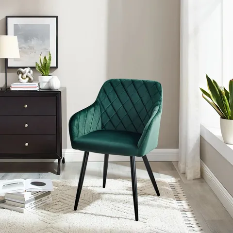 BOXED PAIR OF GREEN VELVET UPHOLSTERED DINING CHAIRS