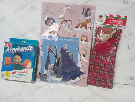 BOX OF APPROXIMATELY 10 ASSORTED TOYS AND GAMES TO INCLUDE HOLLOW TREE HIDEAWAY ADVERT CALENDAR, WATCH OUT ELF IS ABOUT SLEEPING BAG, BEMA ARMBANDS, ETC