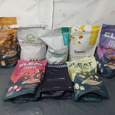 APPROXIMATELY 8 HEALTH & FITNESS SUPPLEMENTS AND FOODS TO INCLUDE ELEAT HIGH PROTEIN CEREAL (250g), THE FAST 800 REAL FOOD SHAKE (500g), NUTRITION BETA ALAMINE (400g), ETC