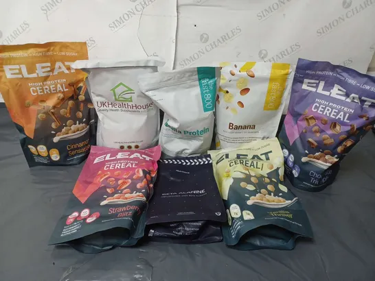 APPROXIMATELY 8 HEALTH & FITNESS SUPPLEMENTS AND FOODS TO INCLUDE ELEAT HIGH PROTEIN CEREAL (250g), THE FAST 800 REAL FOOD SHAKE (500g), NUTRITION BETA ALAMINE (400g), ETC