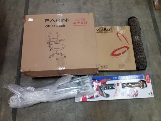 PALLET OF ASSORTED PRODUCTS INCLUDING OFFICE CHAIR, TOILET SEAT, FLOOR MAT, KIDS TOY GUITAR, UMBRELLAS