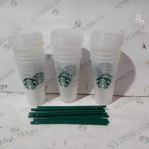 LOT OF ASSORTED STARBUCKS CUPS AND PLASTIC STRAWS