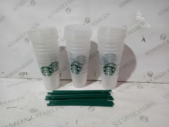 LOT OF ASSORTED STARBUCKS CUPS AND PLASTIC STRAWS