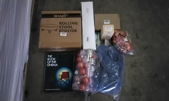 PALLET OF ASSORTED ITEMS INCLUDING WIAIO ROLLING STOOL, THE BOOK OF THE CINEMA, MONEY DRAWING INCENSE STICKS, BALLOON SET, BAUBLE SET, DASHBOARD CAR PHONE HOLDER