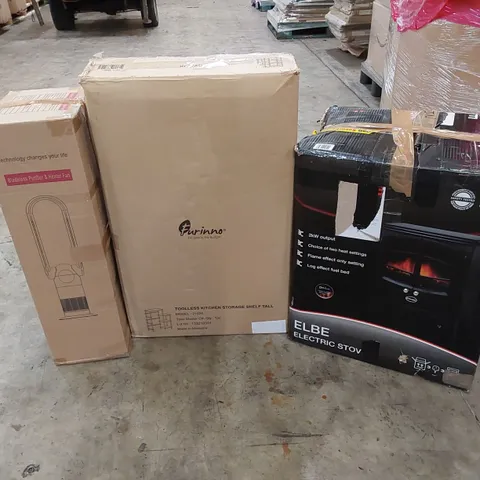 PALLET OF ASSORTED HOUSEHOLD ITEMS AND CONSUMER PRODUCTS. INCLUDING BLADELESS PURIFIER & HEATER FANS, TOOLESS KITCHEN STORAGE SHELF UNIT, ELECTRIC STOVE, ELECTRIC CLOTHES DRYER ETC