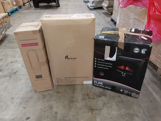 PALLET OF ASSORTED HOUSEHOLD ITEMS AND CONSUMER PRODUCTS. INCLUDING BLADELESS PURIFIER & HEATER FANS, TOOLESS KITCHEN STORAGE SHELF UNIT, ELECTRIC STOVE, ELECTRIC CLOTHES DRYER ETC