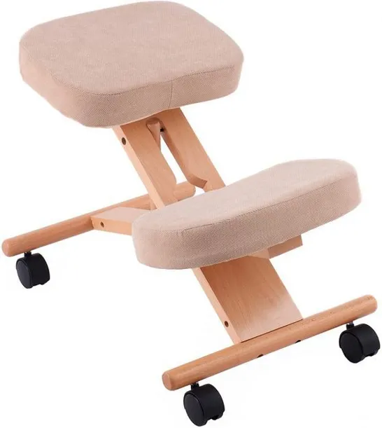 BOXED WOODEN ORTHOPAEDIC KNEELING STOOL ERGONOMIC POSTURE FRAME SEAT - BEIGE