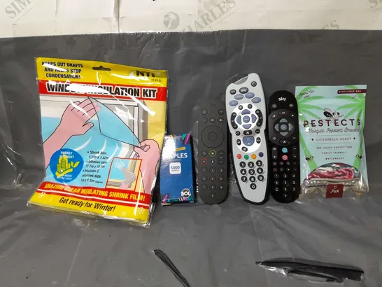 BOX OF APPROXIMATELY 14 ASSORTED ITEMS TO INCLUDE - SKY REMOTE , STAPLES APPROXIMATELY 5000 STAPLES , WINDOW INSULATION KIT ETC