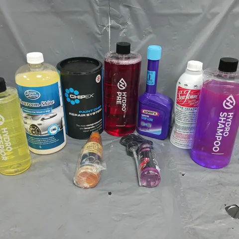 APPROXIMATELY 10 ASSORTED CAR CLEANING PRODUCTS TO INCLUDE; HYDRO SHAMPOO AND SEAFOAM MOTOR TREATMENT