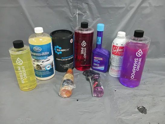 APPROXIMATELY 10 ASSORTED CAR CLEANING PRODUCTS TO INCLUDE; HYDRO SHAMPOO AND SEAFOAM MOTOR TREATMENT