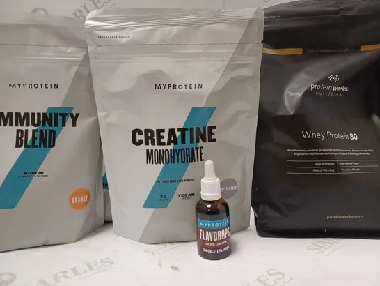 LOT OF 5 ASSORTED PROTEIN PRODUCTS TO INCLUDE IMMUNITY BLEND ORANGE 500G, CREATINE MONOHYDRATE UNFLAVOURED 500G, FLAVDROPS CHOCOLATE 50ML, WHEY PROTEIN 80 1KG