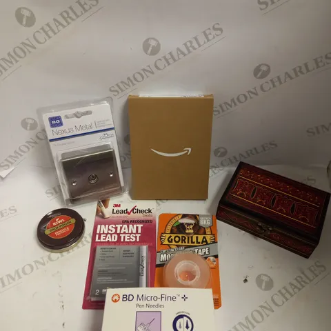 BOX OF APPROXIMATELY 15 ASSORTED HOUSEHOLD ITEMS TO INCLUDE AMAZON PAPERWEIGHT COVER, CO-AXIAL SOCKET, DECORATIVE BOX ETC 