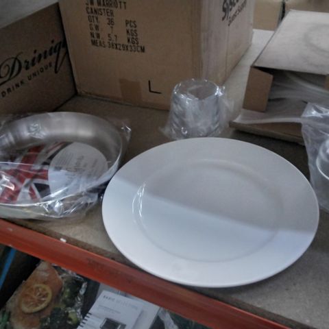 4 BOXES OF APPROXIMATELY 65 ITEMS INCLUDING SAMUEL GROVES PAN, STEELITE STEMLESS WINE 12OZ GLASS, ROYAL GENWARE CLASSIC WINGED PLATE 31CM WHITE, JW MARRIOTT CANISTER 