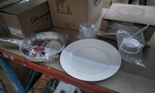 4 BOXES OF APPROXIMATELY 65 ITEMS INCLUDING SAMUEL GROVES PAN, STEELITE STEMLESS WINE 12OZ GLASS, ROYAL GENWARE CLASSIC WINGED PLATE 31CM WHITE, JW MARRIOTT CANISTER 