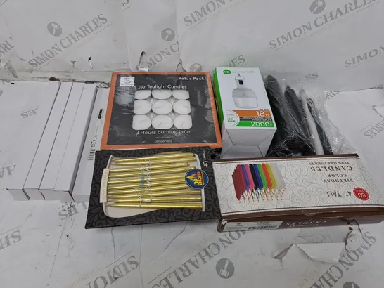 BOX OF ASSORTED HOUSEHOLD ITEMS TOO INCLUDE PENCIL SETS LIGHTING AND CANDLES 