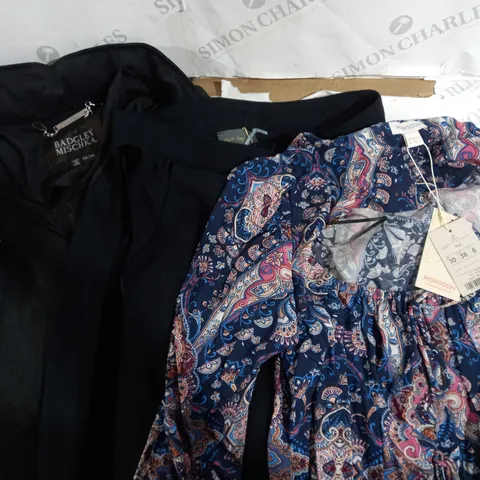 BOX OF APPROXIMATELY 10 ASSORTED ITEMS OF CLOTHING OF VARIOUS STYLES AND SIZES TO INCLUDE MONSOON, BADGLEY MISCHKA, RUTH LANGSFORD, ETC