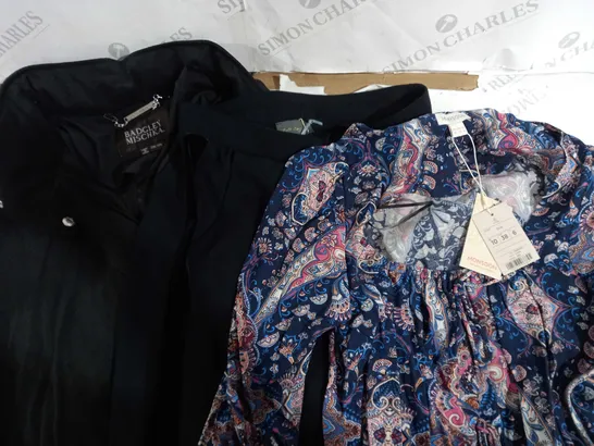 BOX OF APPROXIMATELY 10 ASSORTED ITEMS OF CLOTHING OF VARIOUS STYLES AND SIZES TO INCLUDE MONSOON, BADGLEY MISCHKA, RUTH LANGSFORD, ETC