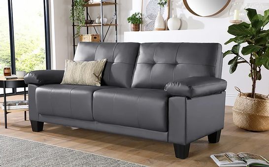 BOXED DESIGNER LINTON GREY LEATHER THREE SEATER SOFA 