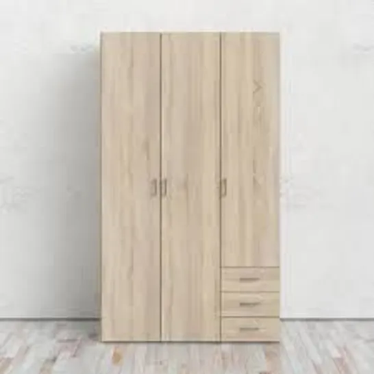 BOXED ASPEN OAK-EFFECT 3-DOOR 2-DRAWER WARDROBE (2 BOXES)