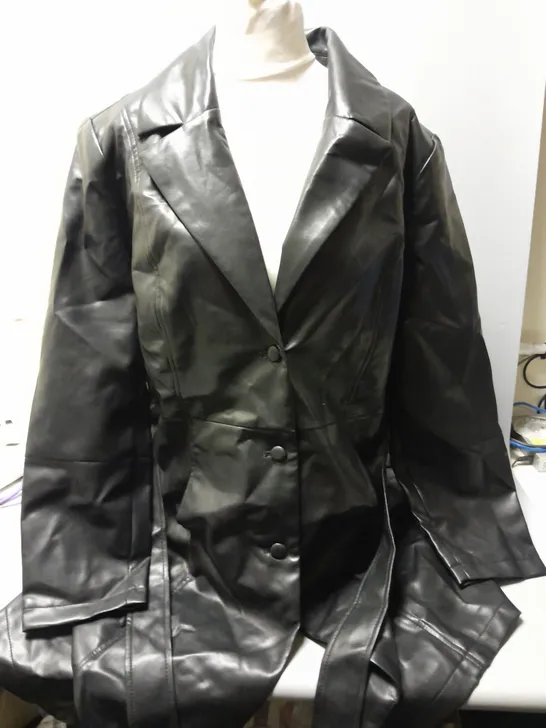 CENTIGRADE LONGLINE FAUX LEATHER COAT IN BLACK SIZE XL