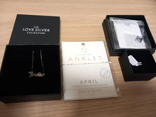 APPROXIMATELY 12 PIECES OF ASSORTED JEWELLERY TO INCLUDE; THE LOVE SILVER COLLECTION, BIRTHSTONE ANKLET AND 9CT WEDDING BANDS