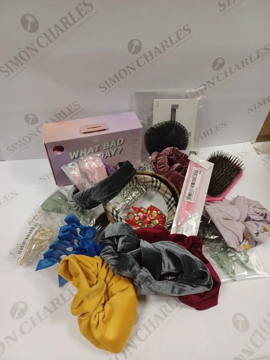 APPROXIMATELY 20 ASSORTED HAIR ACCESSORIES TO INCLUDE HAIRBANDS, CLIPS, BRUSHES, SCRUNCHIES ETC.   