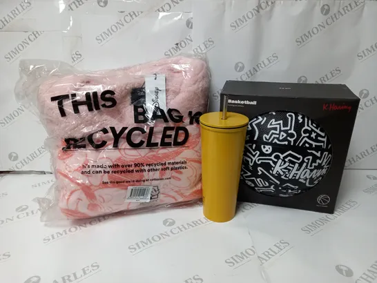 3 ASSORTED ITEMS TO INCLUDE TYPO KEITH HARING BASKETBALL SIZE 7, DISNEY MICKEY OVERSIZED HOODIE, AND METAL SMOOTHIE CUP