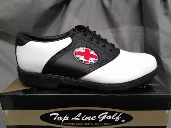 BOX OF APPROX 12 TOP LINE GOLF 2002 WHITE / BLACK SHOES IN VARIOUS SIZES