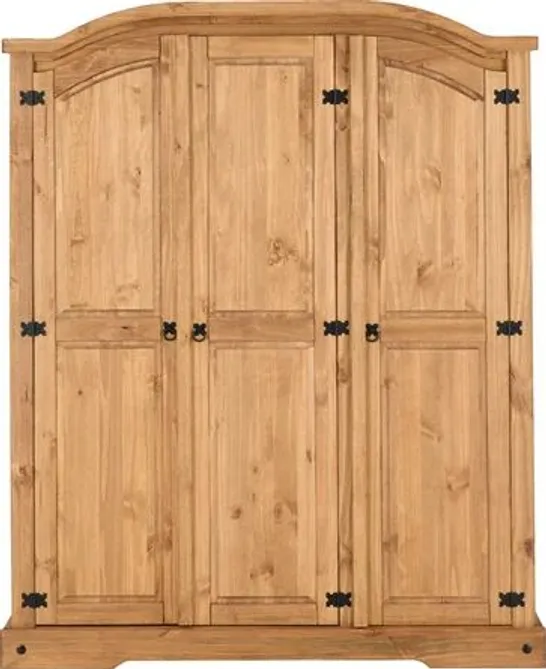 BOXED CORONA 3 DOOR WARDROBE - DISTRESSED WAXED PINE 