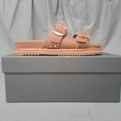 BOXED PAIR OF MINT VELVET OPEN TOE LEATHER SANDALS IN TAN UK SIZE 5