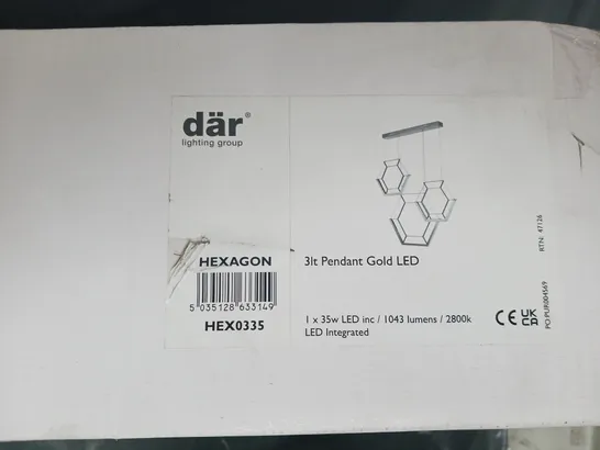 BRAND NEW BOXED DAR LIGHTING HEXAGON 3 LIGHT GOLD LED PENDANT LIGHT	