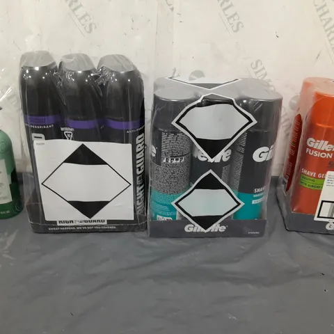 APPROXIMATELY 12 ASSORTED AEROSOLS TO INCLUDE TBS BREATHE BODY WASH, GILLETTE SHAVING GEL, AND RIGHTGUARD DEODRANT ETC. 