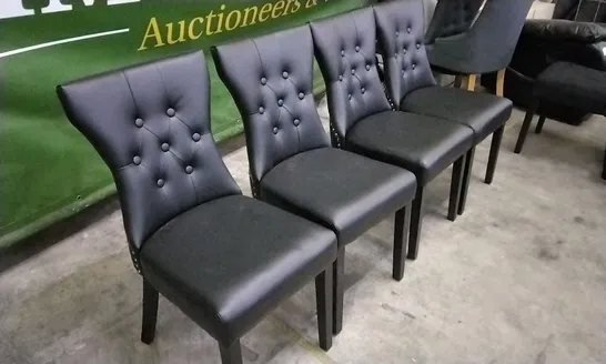 SET OF 4 BLACK LEATHER BUTTONBACK STUDDED DINING CHAIRS WITH KNOCKER BACKS AND BLACK WOODEN LEGS