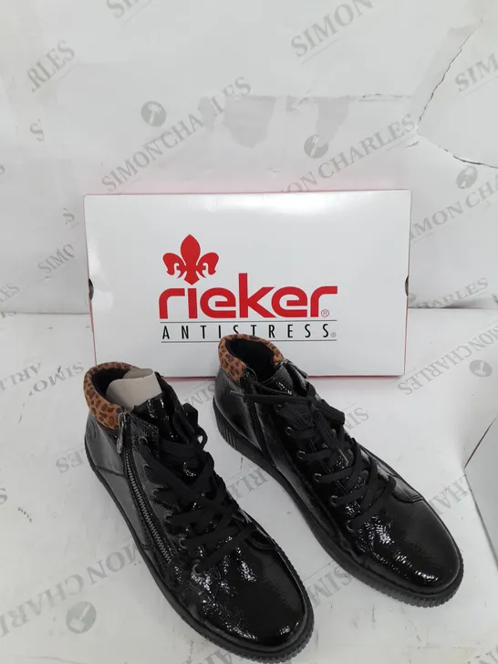 BOXED PAIR OF RIEKER HIGH TOP CUFFED TRAINERS IN BLACK - SIZE 7.5