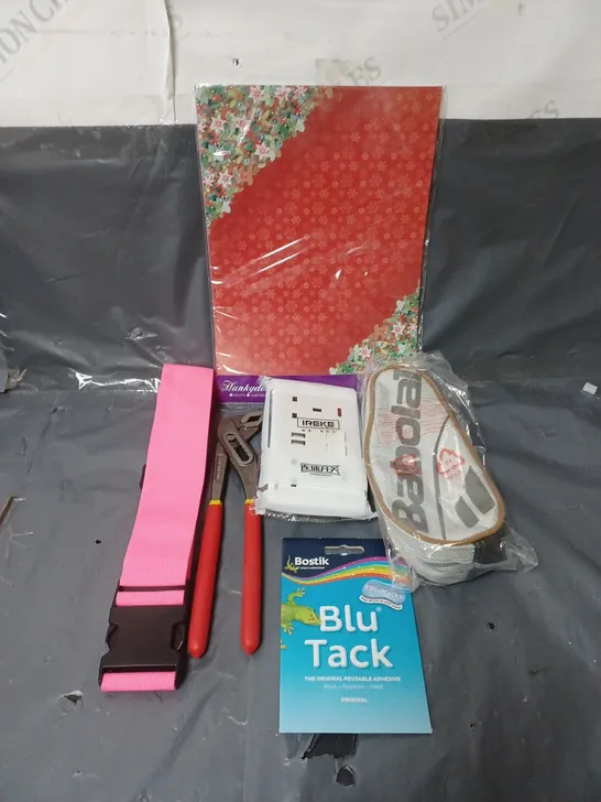 BOX OF APPROXIMATELY 20 ASSORTED HOUSEHOLD ITEMS TO INCLUDE PLIERS, PLUG SOCKET AND CRAFT PAPER