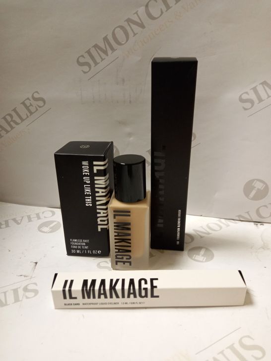 LOT OF 3 IL MAKIAGE PRODUCTS TO INCLUDE 035 WOKE UP LIKE THIS FOUNDATION, BLENDING BRUSH, LIQUID EYELINER 