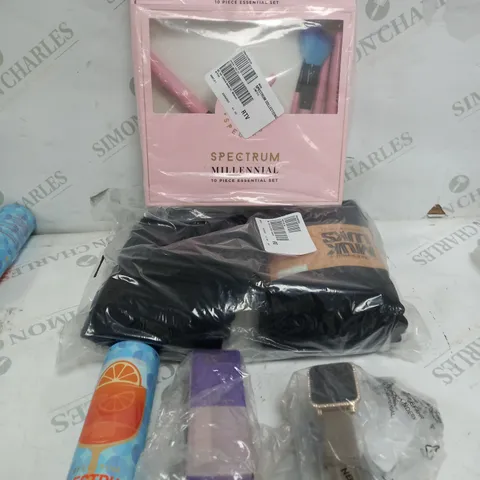 BOX OF APPROXIMATELY 10 ITEMS TO INCLUDE SMART WATCH, MAKEUP BRUSH SET, BLACK TIGHTS ETC