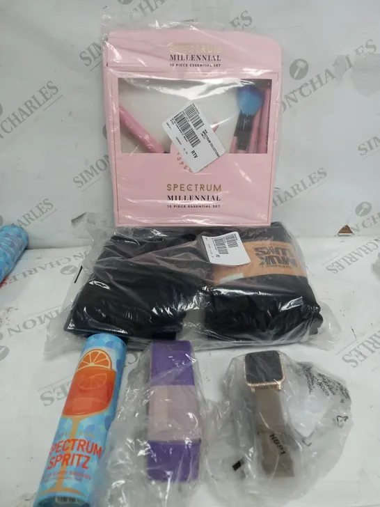 BOX OF APPROXIMATELY 10 ITEMS TO INCLUDE SMART WATCH, MAKEUP BRUSH SET, BLACK TIGHTS ETC