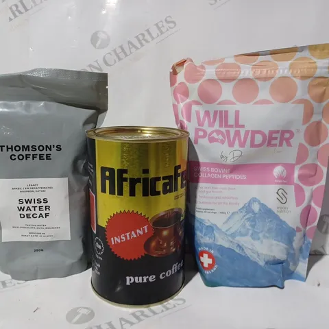 APPROXIMATELY 8 ASSORTED FOOD & DRINK ITEMS TO INCLUDE WILL POWDER, AFRICAFE PURE COFFEE, TOMSON'S COFFEE, ETC