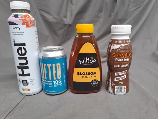 BOX OF APPROXIMATELY 10ITEMS TO INCLUDE BLOSSOM HONEY, HUEL DRINK, GENADE PROTEIN SHAKE ETC